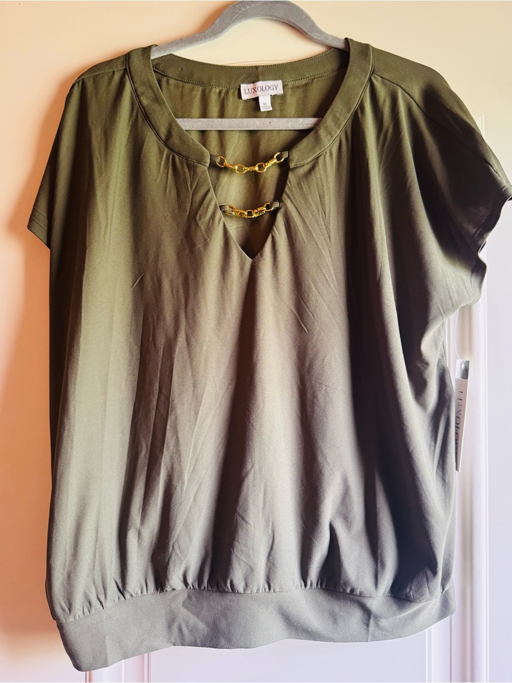 Olive Green Top with Gold Chain Detail NWT